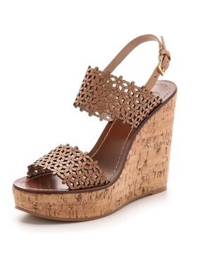 Tory Burch Tan Floral Laser-Cut Cork Wedge Sandals